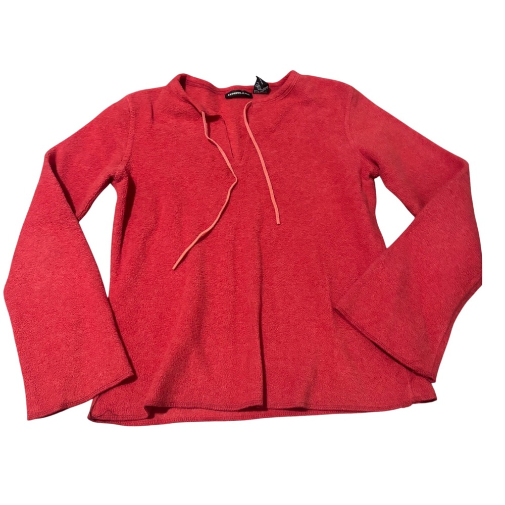 Express Jeans Vintage Red Fleece Tie Neck Pullover long Sleeve Top Womens Medium